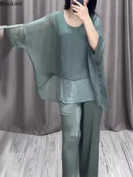 2026 Women's Retro Casual Two Pieces Solid Splice Sequin Set O-neck Raglan Short Sleeve Tops and Wide Leg Pants Loose Suit Femme