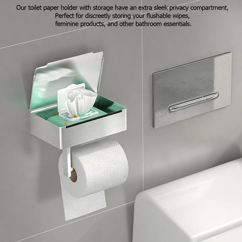 

Stainless Steel Toilet Paper Holder Waterproof Storage Box Toilet Roll Rack with Shelf Multi-Functional Rust-proof