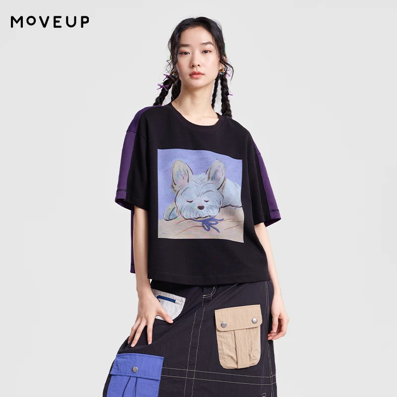 

MOVEUP Women's Short Sleeve T-Shirt 2026 Spring Printing Front Back Contrasting Color Tops Crew Neck Casual Loose Tees 3ELC10540