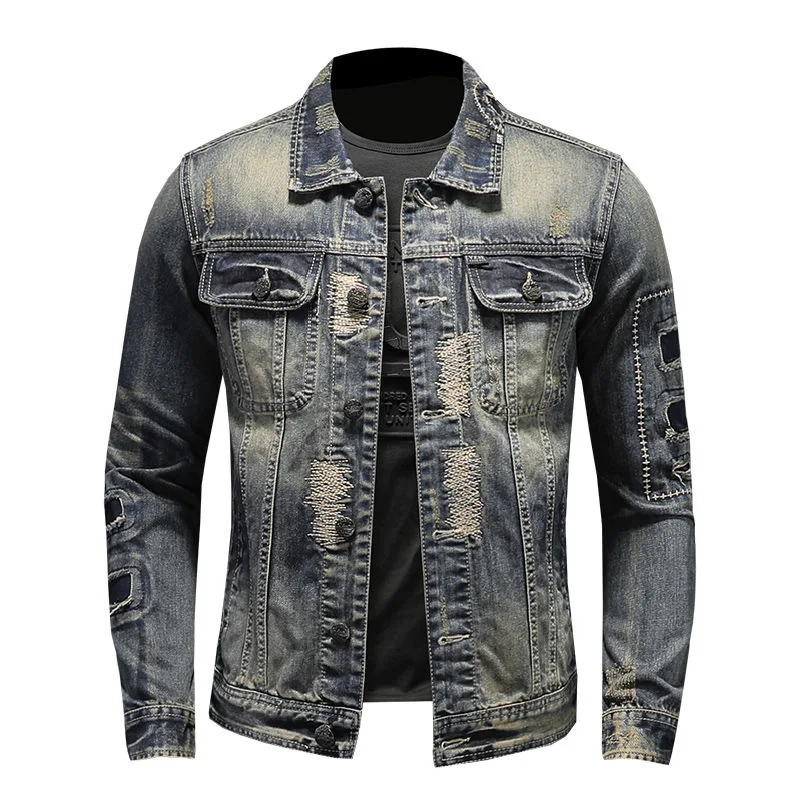 2023 Spring and Autumn New Fashion Trend Ripped Vintage Jeans Jacket Men\'s Casual Loose Comfortable High Quality Plus-Size Coat