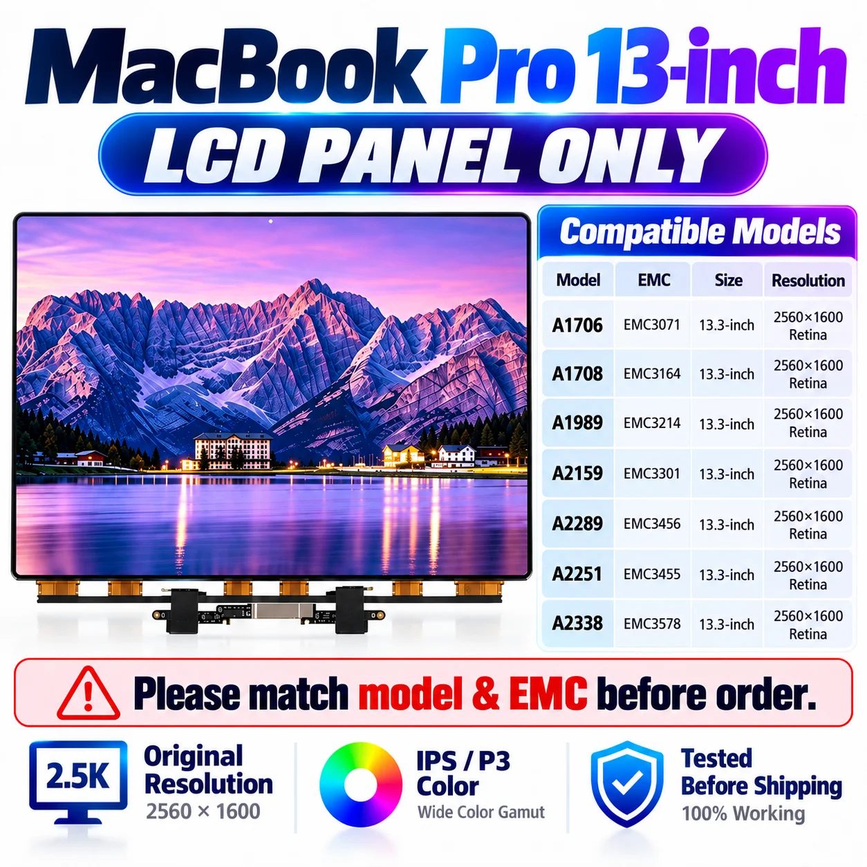 LCD Screen Panel for MacBook Pro Air 13 13.3 13.6 A1706 A1708 A1989 A2159 A2289 A2251 A2338 A1932 A2179 A2337 A2687 A3113