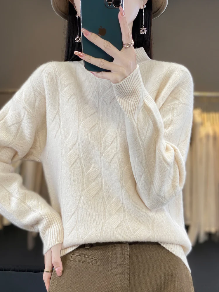 

Autumn Winter Women's Mock Neck Pullover Sweater Thick Soft Warm Retro 100%Merino Wool Knitwear Cable Stitch Female Clothing Top