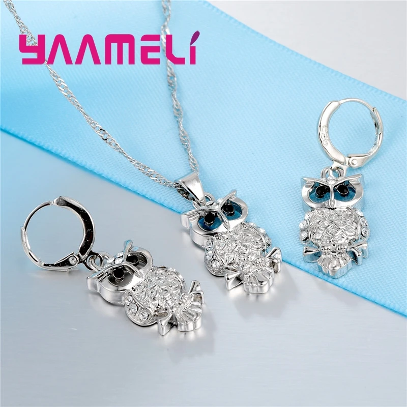 Shining Full African AAA Crystal Owl Pendant Necklace Earrings Sets Women Best Gifts 925 Sterling Silver Party Accessory