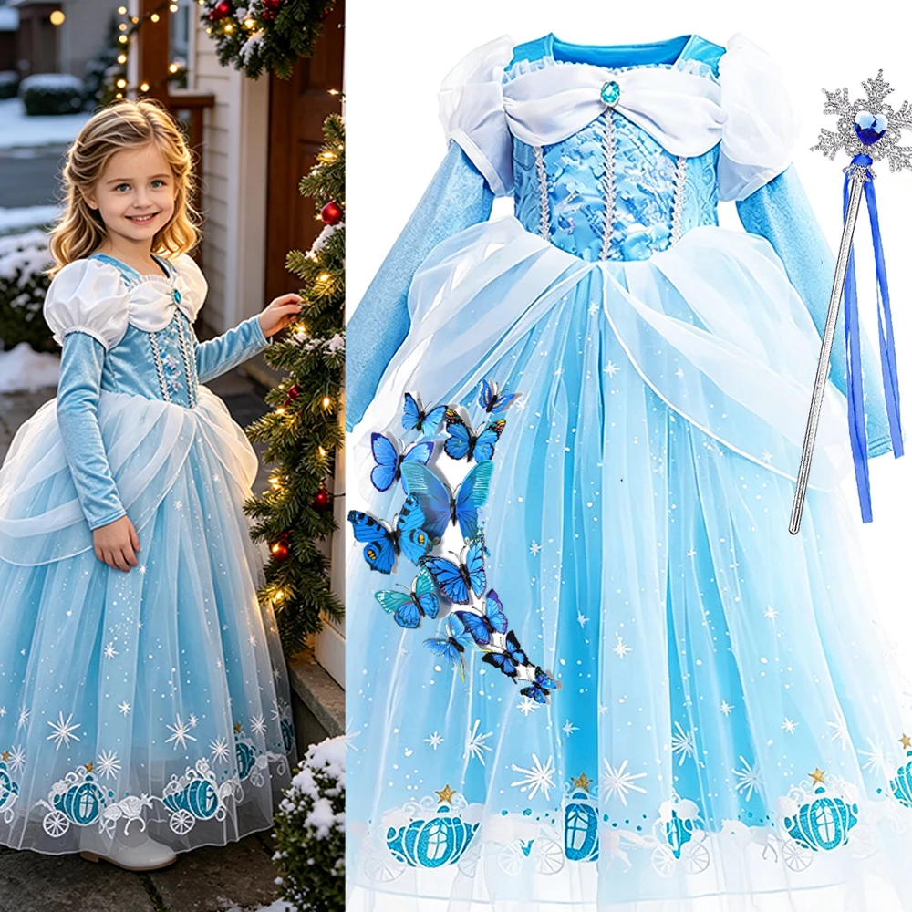 Blue Princess Dress for Girls Long Sleeve Puff Mesh Ball Gown With Crown Necklace Accessories Set For Kids Birthday Party