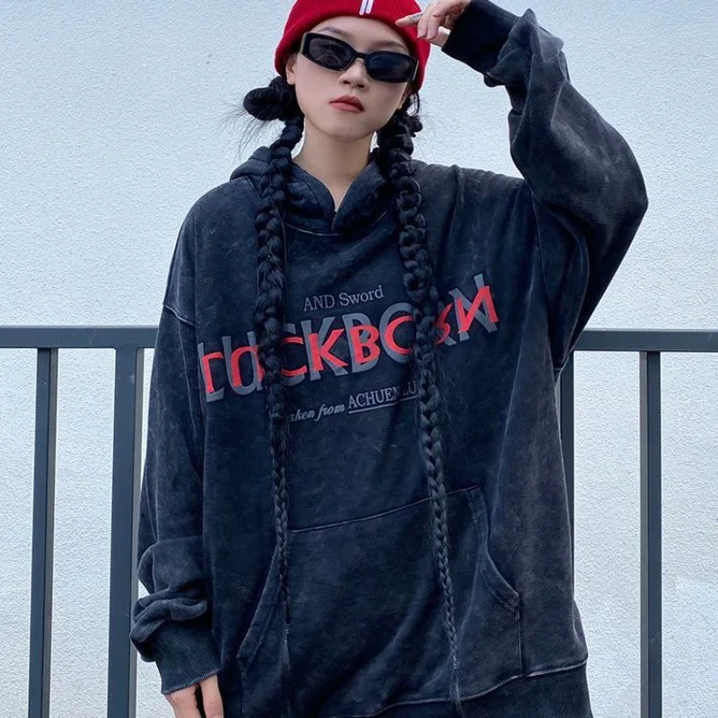 Letter Printing Hoodies Female Clothes with Orint on Baggy Tops Long Hooded Text Pullovers Sweatshirts for Women Loose 2000s Xxl