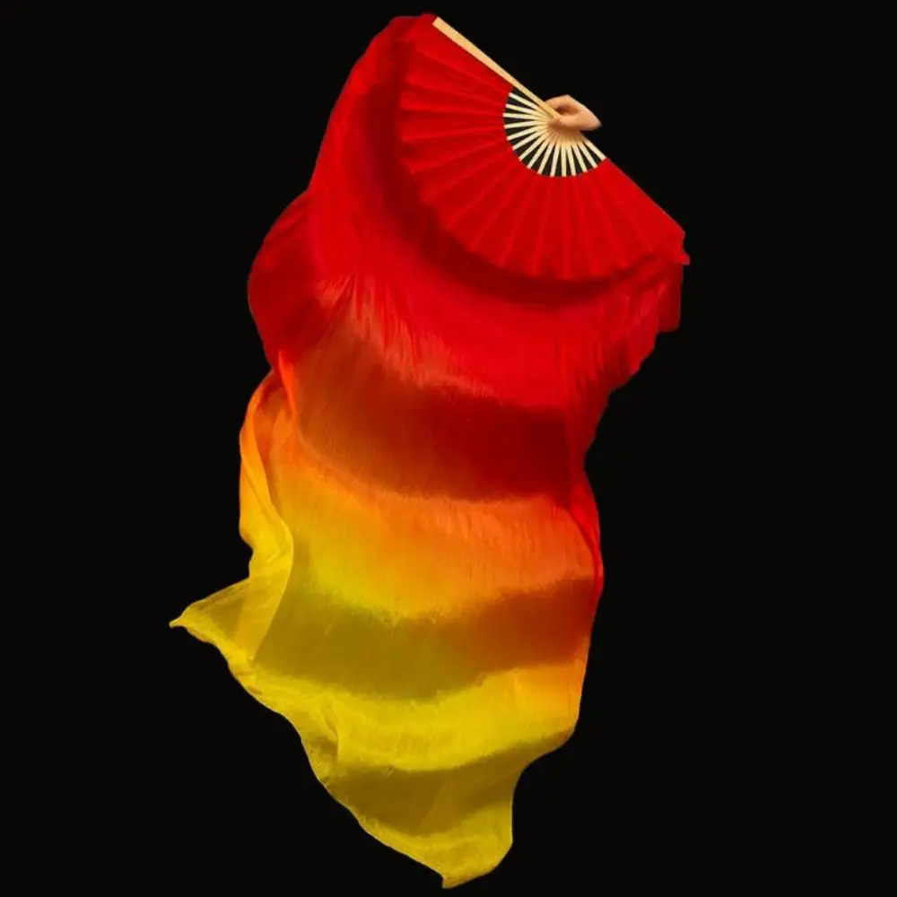 120/150/180cm Kid Women Belly Dancing Fan Tricolor Gradient Right&Left Hands Practice Long Imitation Silk Fans Yellow&Orange&Red
