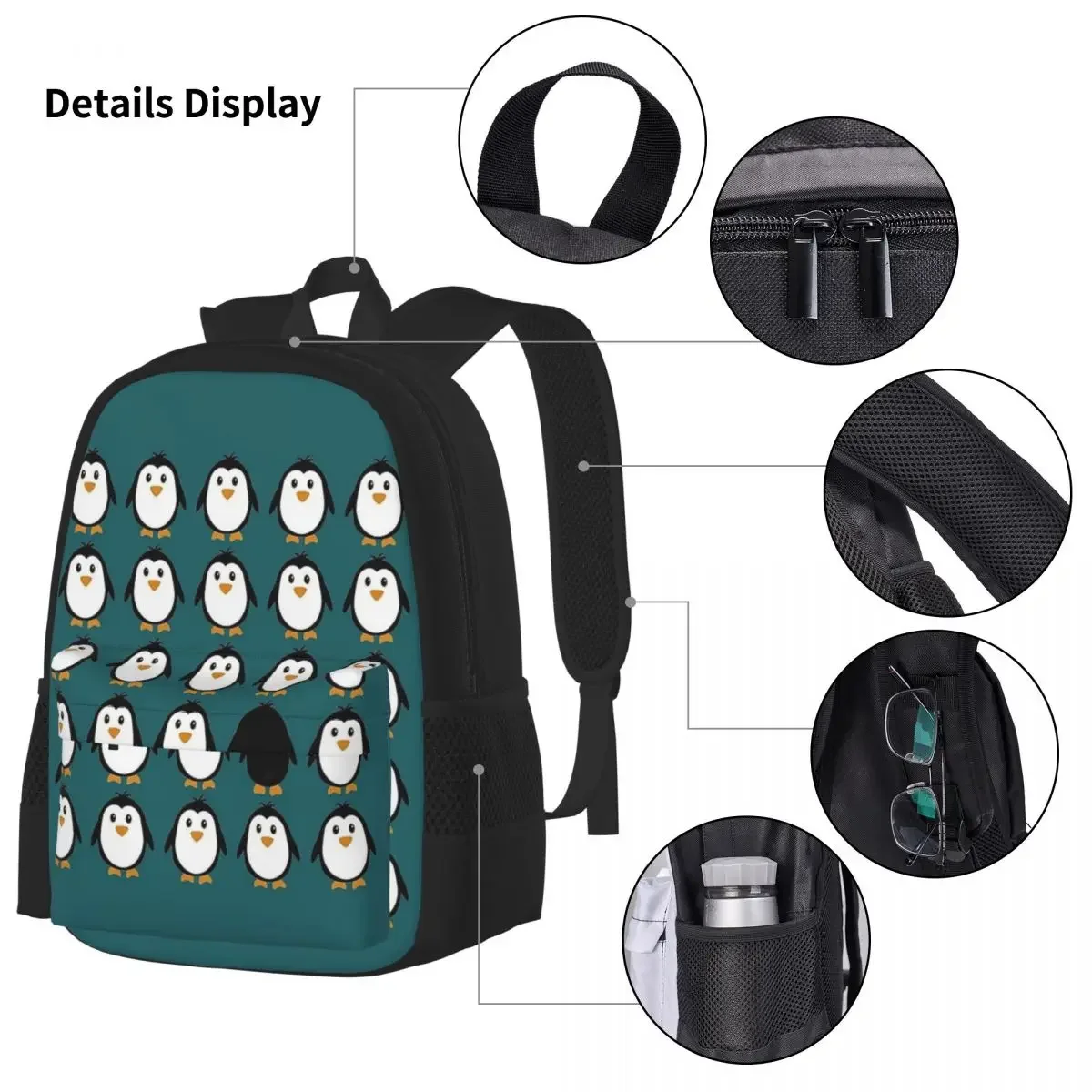 Conjunto de três peças de mochila escolar dos desenhos animados para crianças, pinguim, mochilas de colônia para estudantes, mochila para almoço, caneta para meninos e meninas