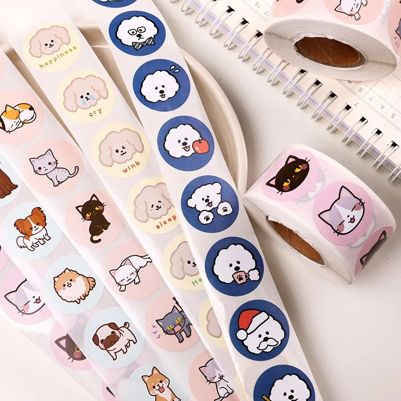 500Pcs/Roll Schattige Cartoon Kat Puppy Plakboek Journal Sticker Anime Kitten Hond Briefpapier Sticker Zelfklevende Envelop Afdichting Sticker