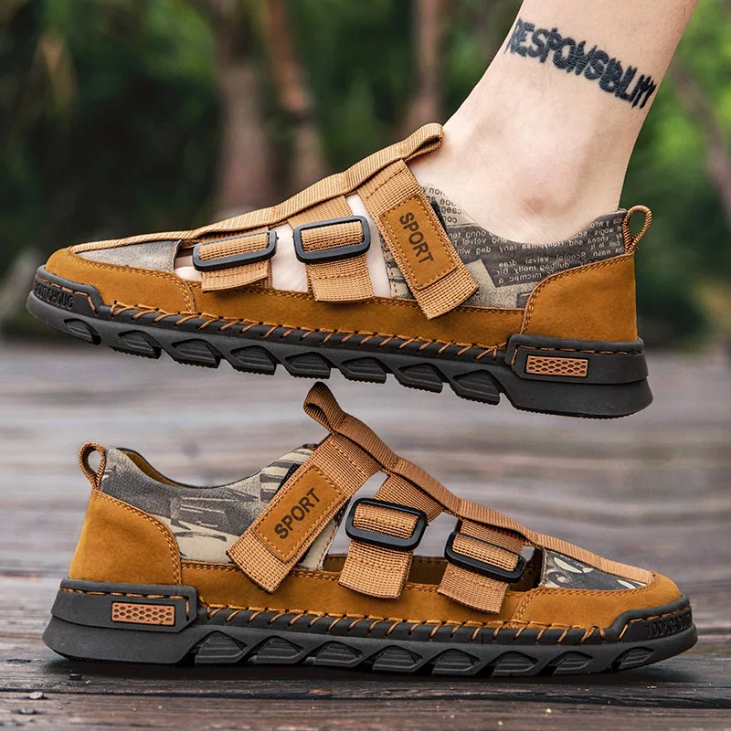 

Men's Handmade Closed Toe Sandals, Summer Outdoor Casual Sports Shoes, Driving Wading Beach Water Shoes