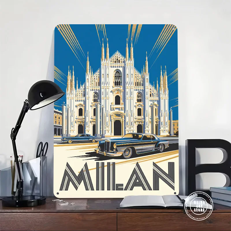 Milan Travel With Classic Cars Poster Customized Vintage Metal Signs Wall Art Retro Tin Plaque for Garage Decoration Gaming Home