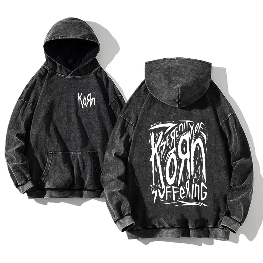 Korn Rock Band World Tour Hoodies Vintage Washed Men\'s Sweatshirts Cotton Hip Hop Streetwear Hooded Pullover Loose Y2K Tops