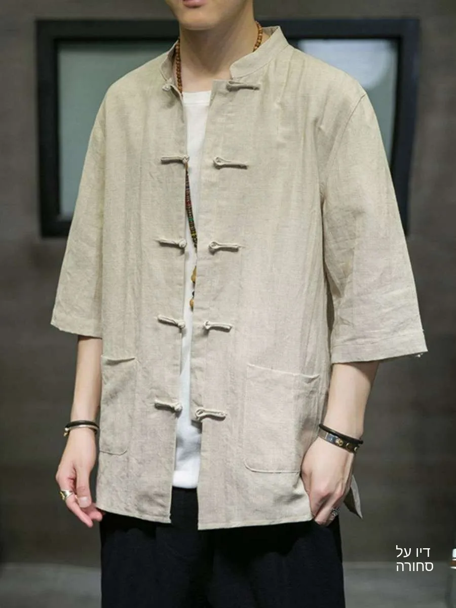 

New Men's Linen Shirt Summer Short Sleeve Ice Silk Vintage Button Stand Collar Cotton Linen Tang Top Loose Fit Color