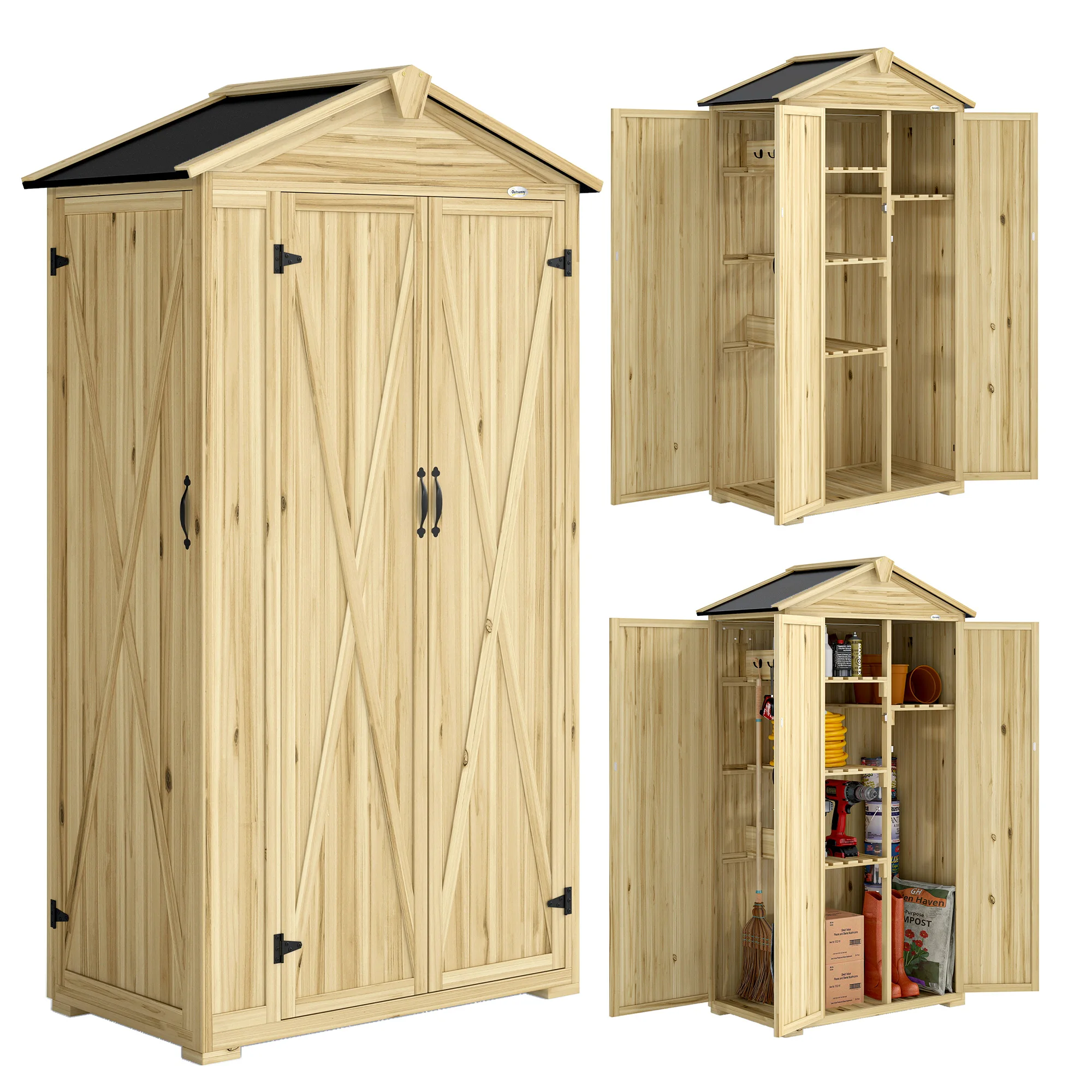 Outsunny Caseta de Jardín de Madera 93x53x168 cm con 4 Estantes y 3 Puertas