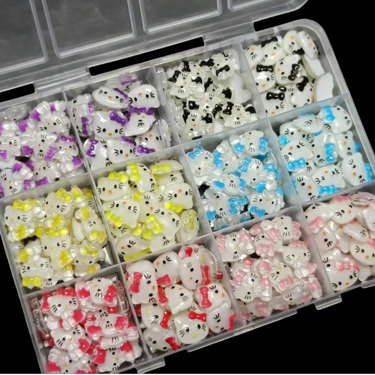 120PCS 12‑Grids Box Hello Kitty 3D Nail Charms Mixed Color Resin Ornaments Kawaii DIY Nail Art Manicure Decor Accessories