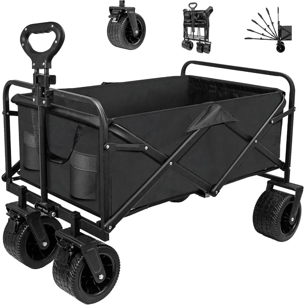 

Collapsible Foldable Wagon,Beach Wagon with Big Wheels for Sand,Utility Grocery Wagon with Side Pocket and Brakes