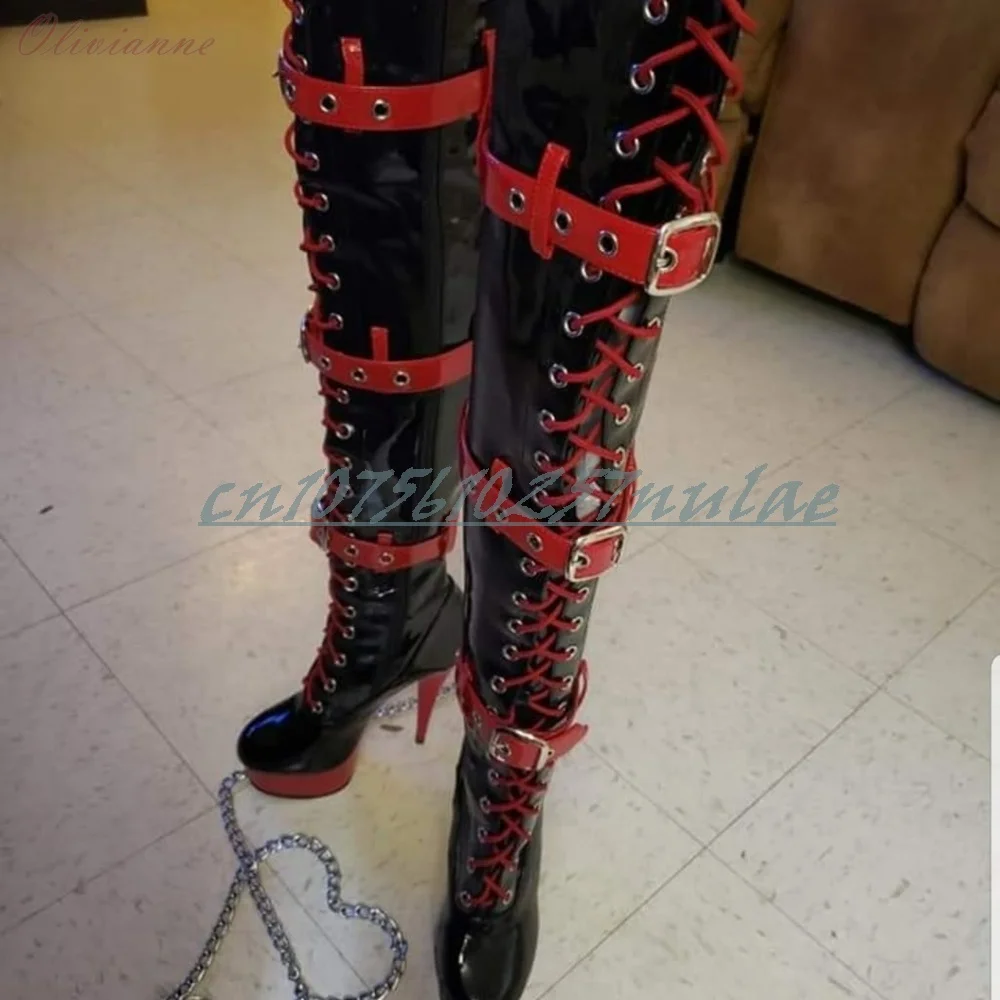 

Black and Red Cross Tied Buckle Belts Strap Long Boots Stiletto High Heel Hollow Rivets 2026 Hot Girls Party Fashion Women Shoes
