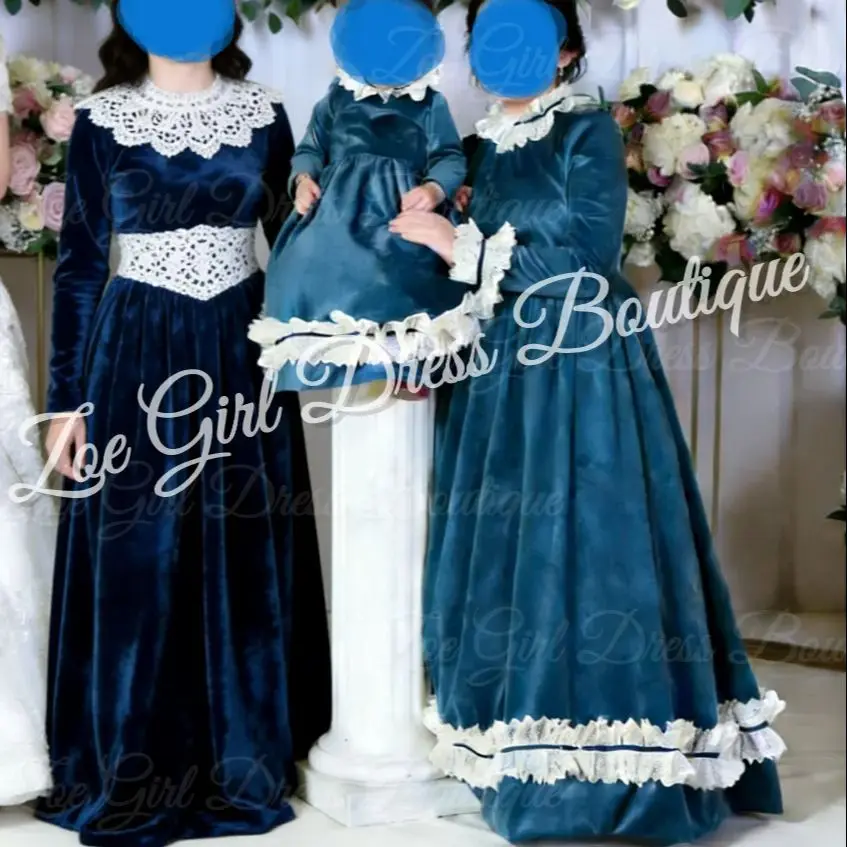 Blue Flower Girl Dresses for Wedding Full Sleeves Floor Length Baby Girl Birthday Dresses First Communion Gowns Customized