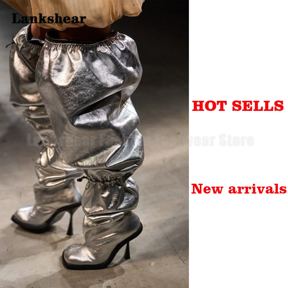 Silver Pleated Elastic Boots for Women New Arrivals Elastic Elastic Band High Boots Personality Hot Girl Knight Boots Long Boots