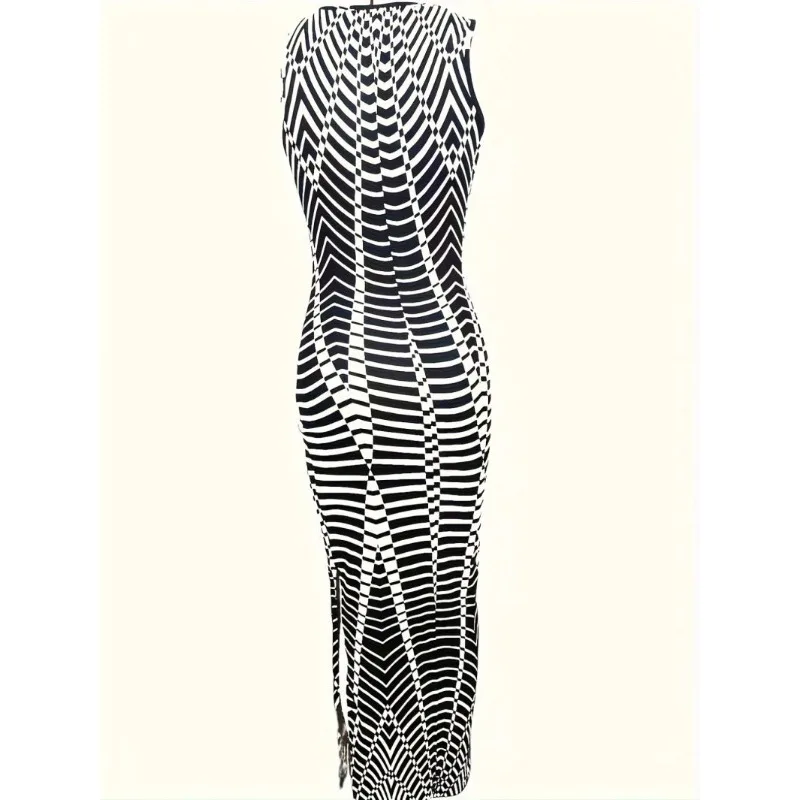 Spring European and American Women's Clothing Digital Printing Round Neck Sleeveless Side Split Dress