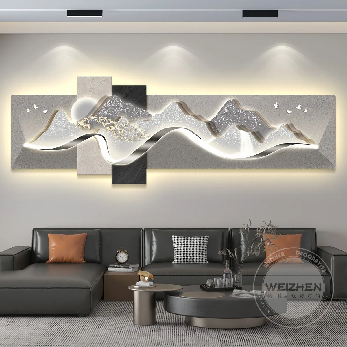 Light luxury led living room with lamp decorative sofa background wall hanging mural simple modern high-end banner