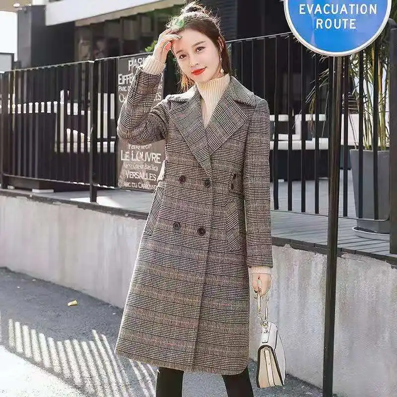 2023 Women Winter Warmth Cotton Long Casual Women Outerwear Plaid Pocket Loose Long Sleeve Wool Coat Overcoat Autum Ladies Coat