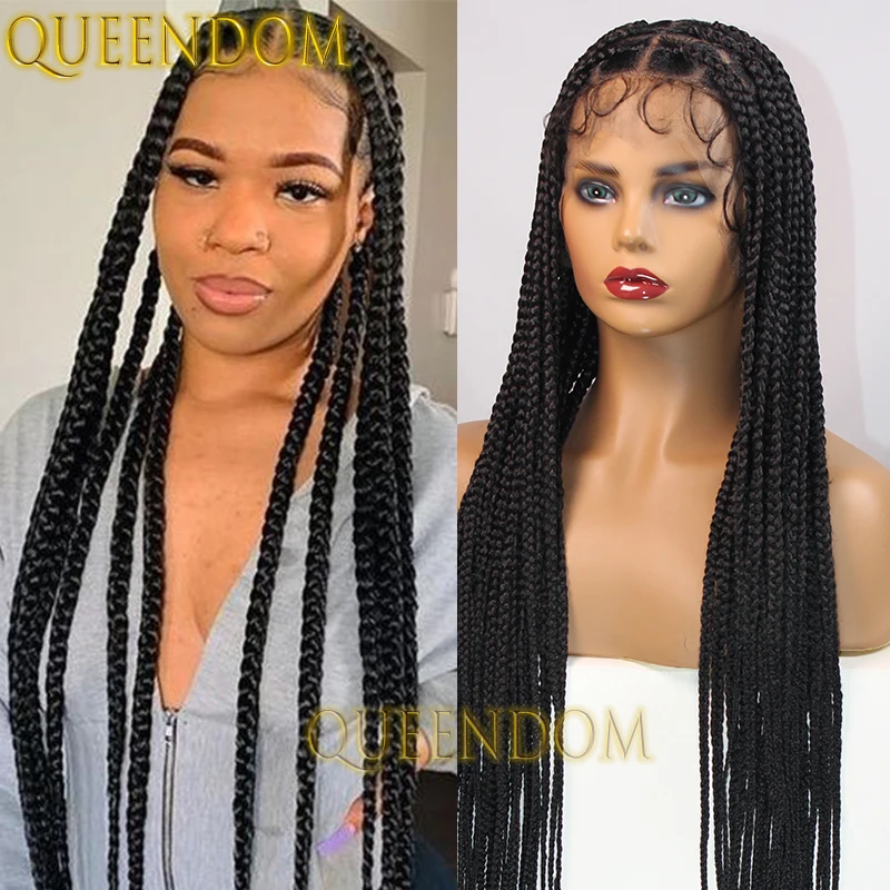 Full Lace Synthetic Cornrow Plait Braids Wig 36'' Jumbo Box Braid Crochet Goddess Wig Knotless Handmade Heart Shape Braided Wig