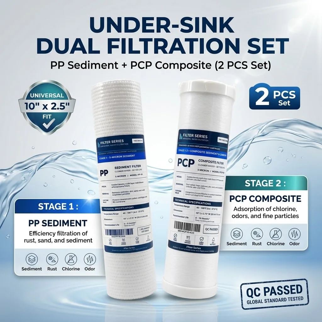 Universal 10 Inch Under Sink Water Filter Cartridges Set 5 Micron PP Sediment PCP Composite Carbon 2 PCS Fits Standard 10x2.5