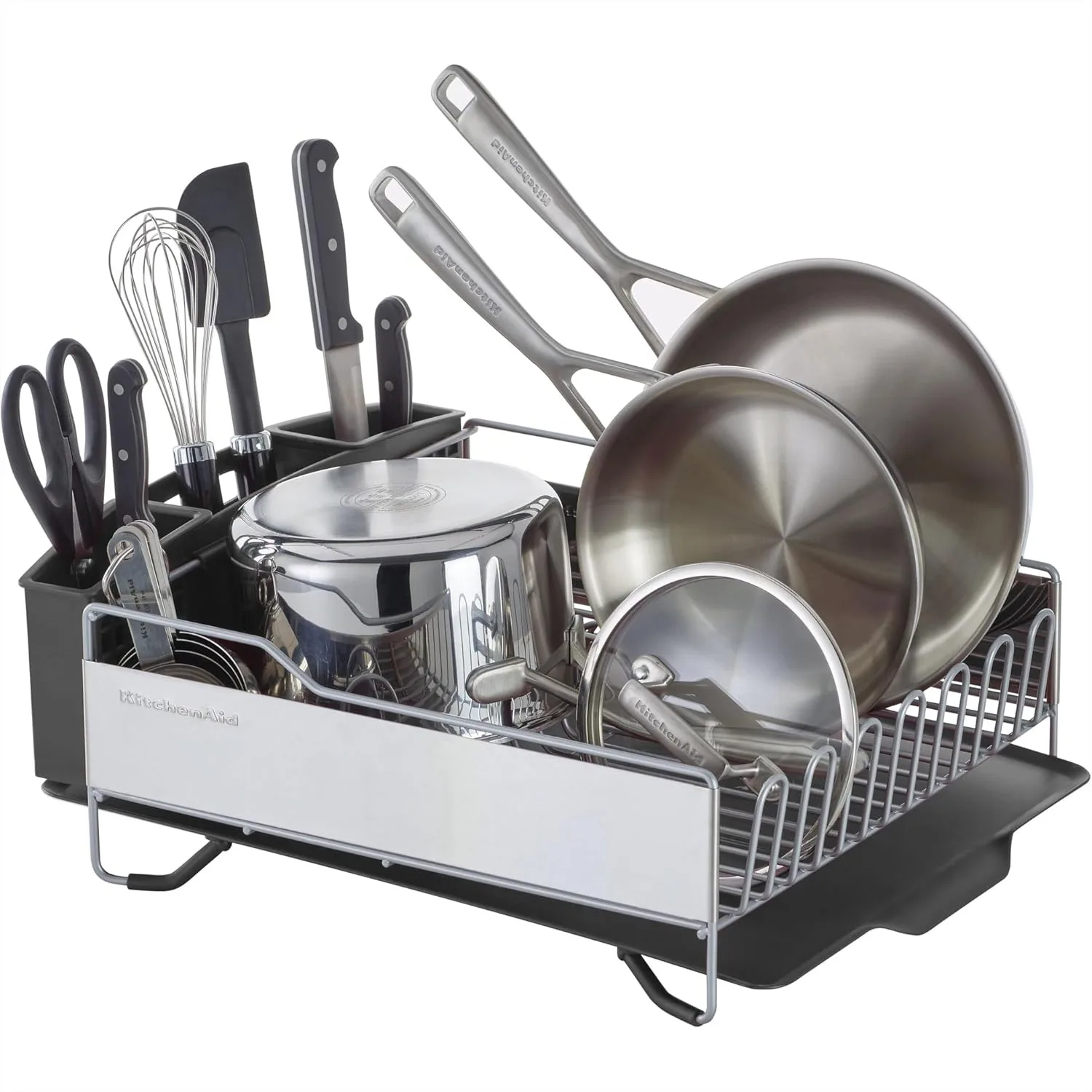 

Dish Rack with Angled Drain Board, Large Capacity Rust Resistant, Removable Flatware Caddy, Light Grey