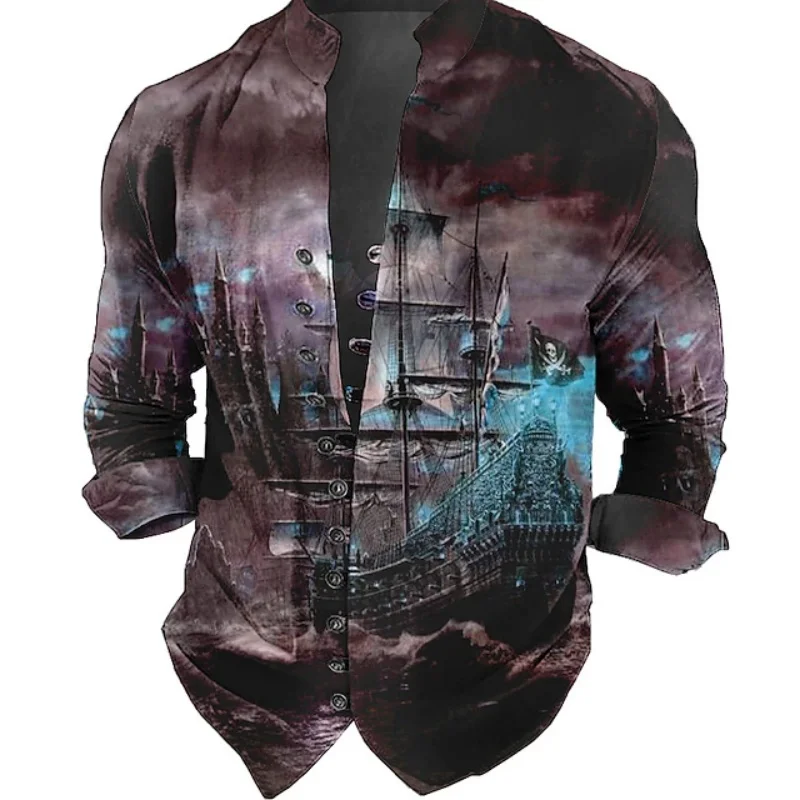 Men's retro sailing sailboat wave print long sleeved shirt stand up collar vacation casual trend men's top