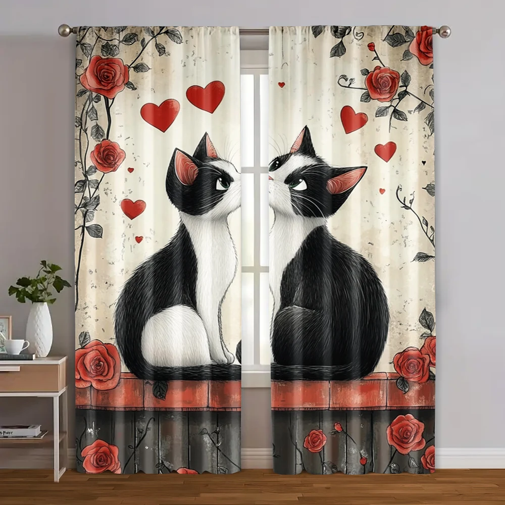 

2pcs, Curtains The story of two cats Machine Washable Fabric (without rod) All Seasons Use for Bedroom & Living Room, Semi-Sheer