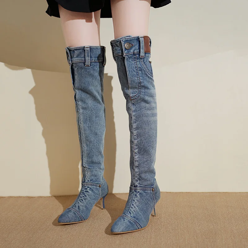 New autumn denim Boots Outdoor non slip high heels Sharp pointed retro long boot Casual comfortable women\'s shoes Botas Zapatos