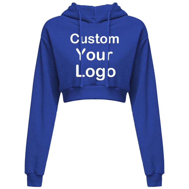 Customized Logo Print  Crop Hoodie Women Spring Autumn Pullovers Ladies Solid Color Drawstring Hooded Full Sleeve Sweatshirt