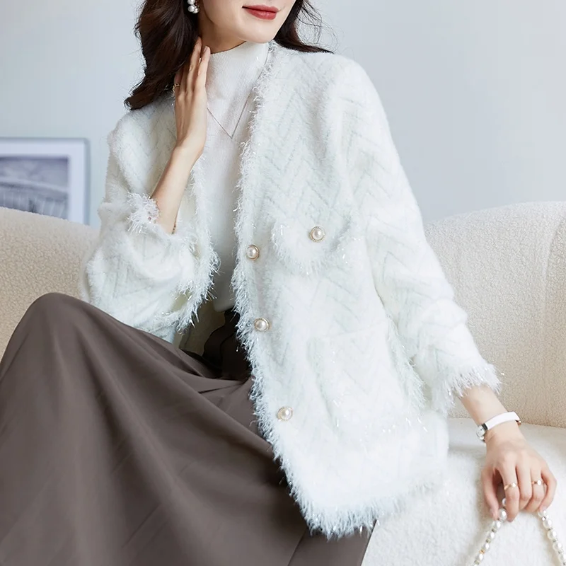 Faionable-abrigo de punto de fraancia pequeña para mujer, cárdigan de Color puro de fibra de poliéster Thiened para otoño e invierno