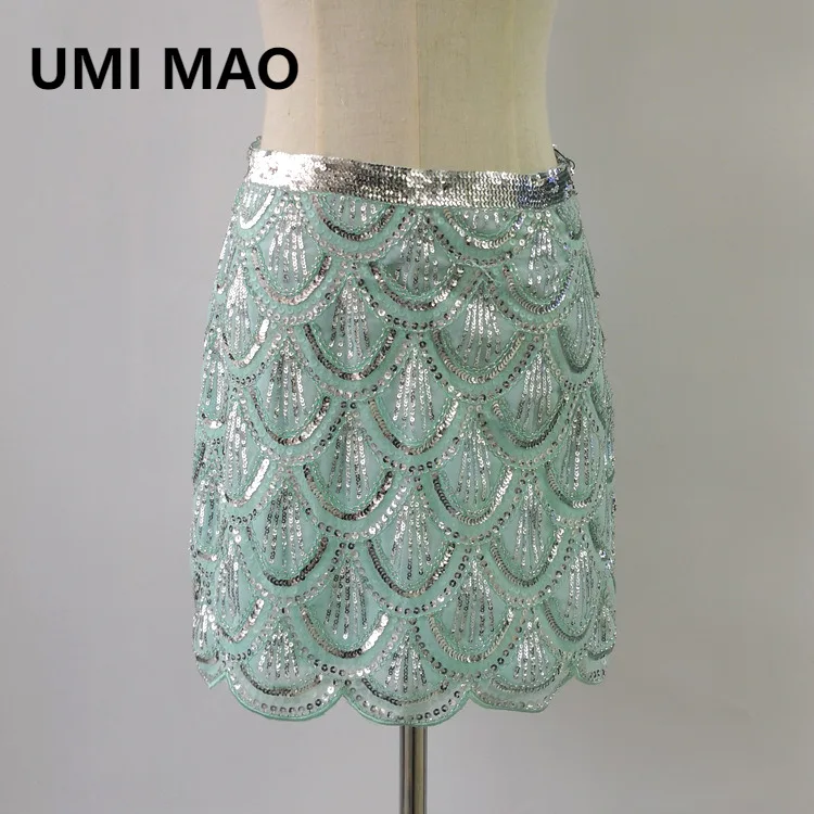 UMI MAO New Wave Edge Hip Wrap Short Skirt Women Heavy Industry Sequin BLING Beaded Skirt Femme