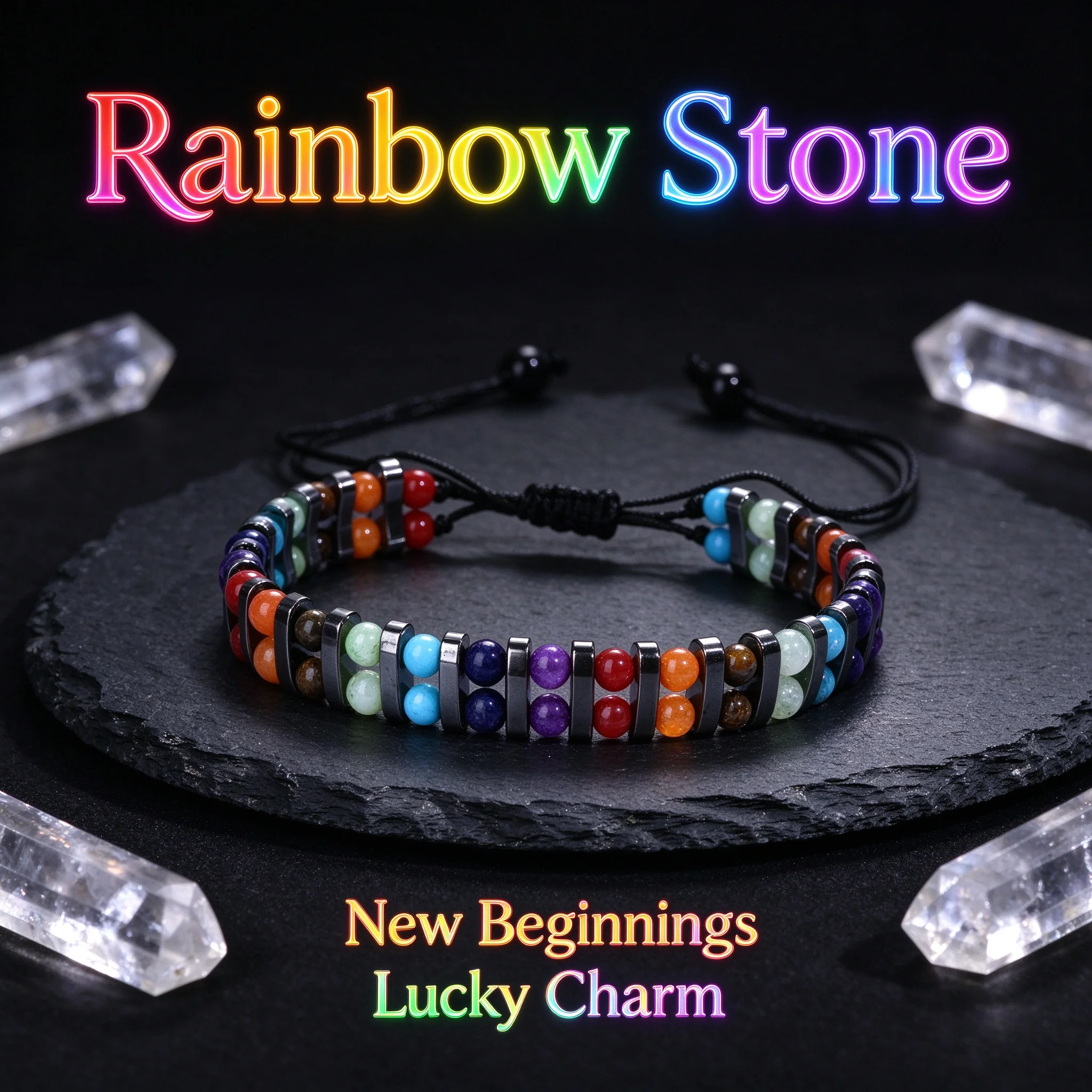 Rainbow multi-color round bead adjustable bracelet, symbolizing a new starting point and luck, men's and women's bracelet gifts