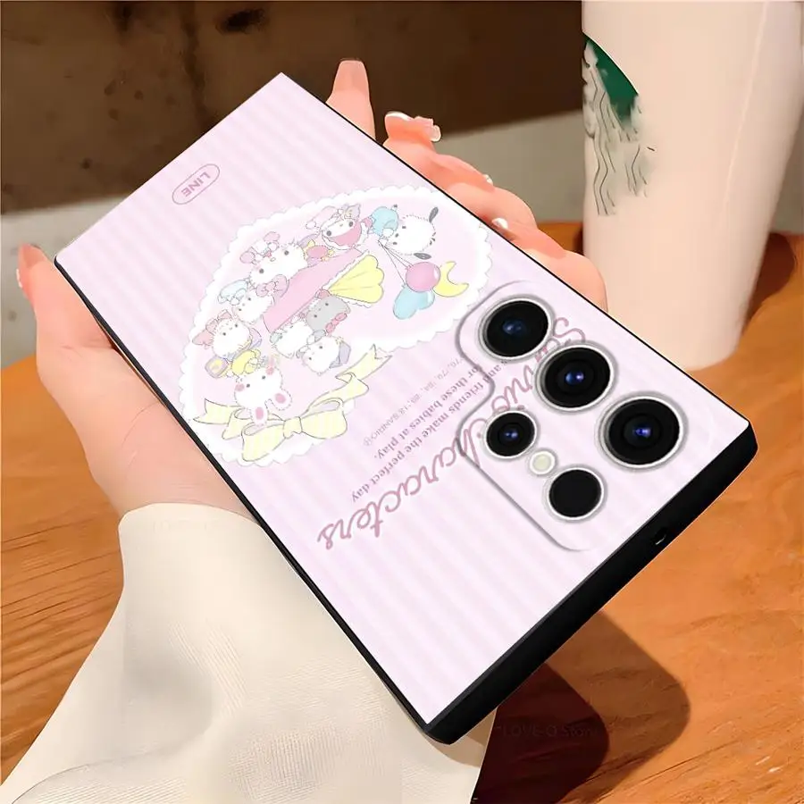 เคสสำหรับ Samsung Galaxy S23 Ultra S20 S21 FE S24 Plus S25 Edge สีดำ เคสนิ่มลายซานริโอสีชมพูน่ารัก