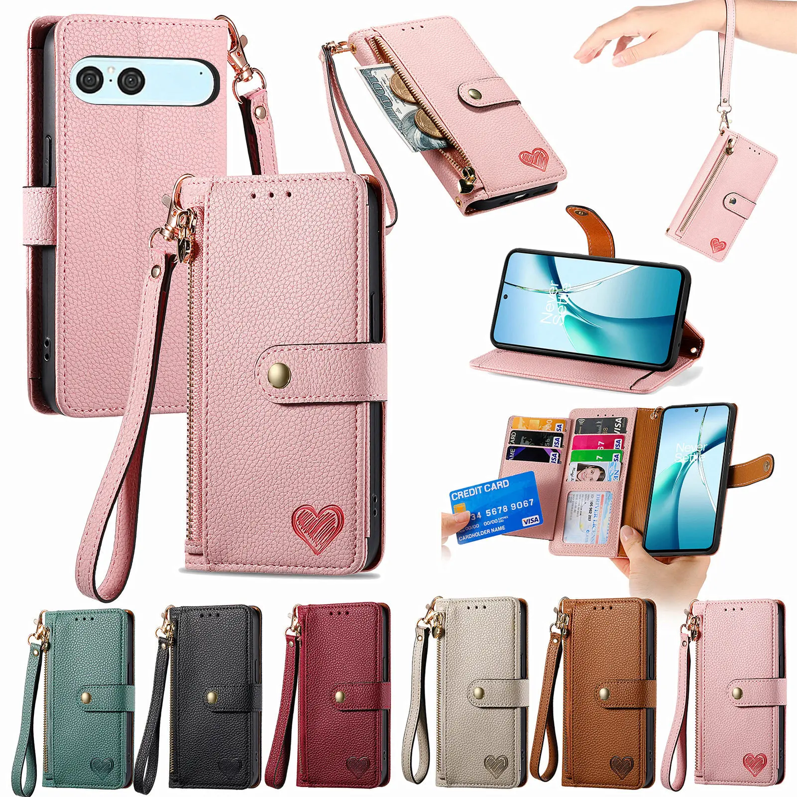 

Heart Multi Functional Wallet Case For Sony Xperia 10 VII, Card bag, Headphone Bag, Zipper Coin Purse PU Leather Protect Cover