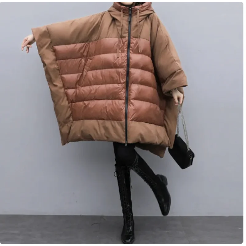 New Winter Women's Hooded Down Jackets Fashion Loose Bat Sleeve Cloak Coat Female Thick Warm Large Size Parkas Overcoat