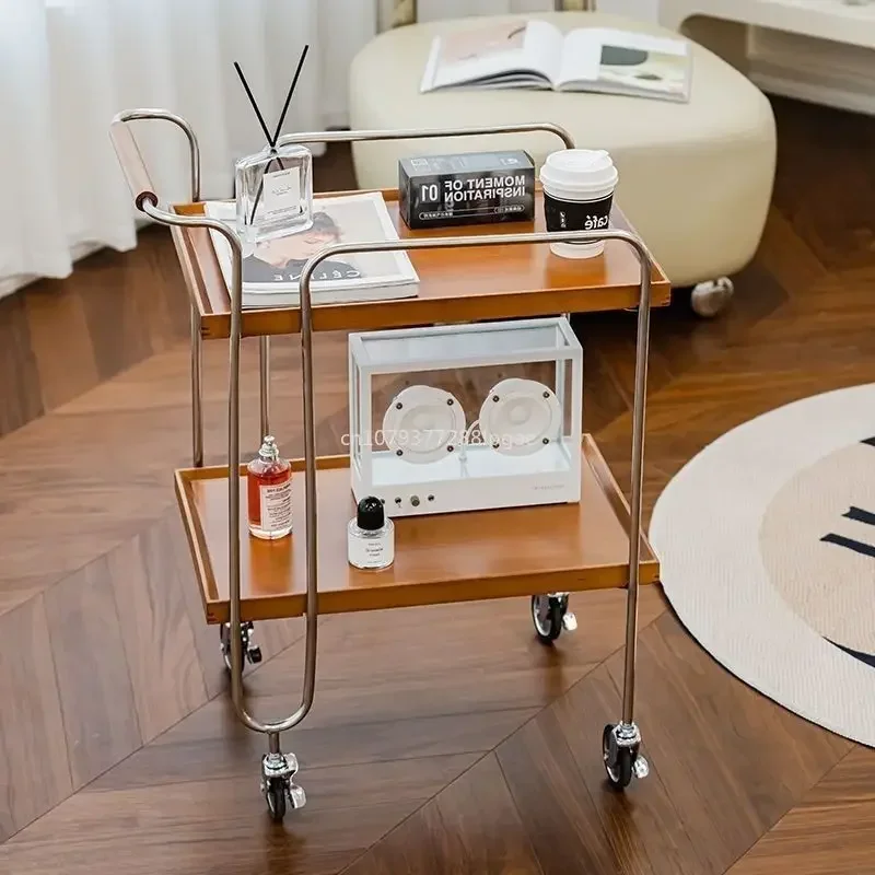

Retro Home Living Room Solid Wood Trolley Nordic Movable Sofa Side Table Corner Table Side Cabinet Tea Cart