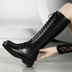 Shoes for Woman Round Toe Long Lace-up with Laces Footwear Winter Knee High Shaft Biker Black Women's Boots Fashion 2024 Quality