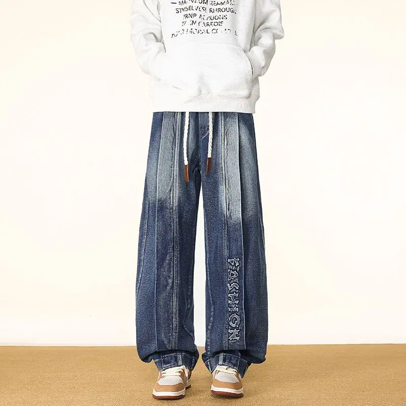 

Men's Spring And Autumn Washed Jeans, Straight Leg Wide Leg Pants, Vintage Patchwork, High Street Plus Loose Casual Pants