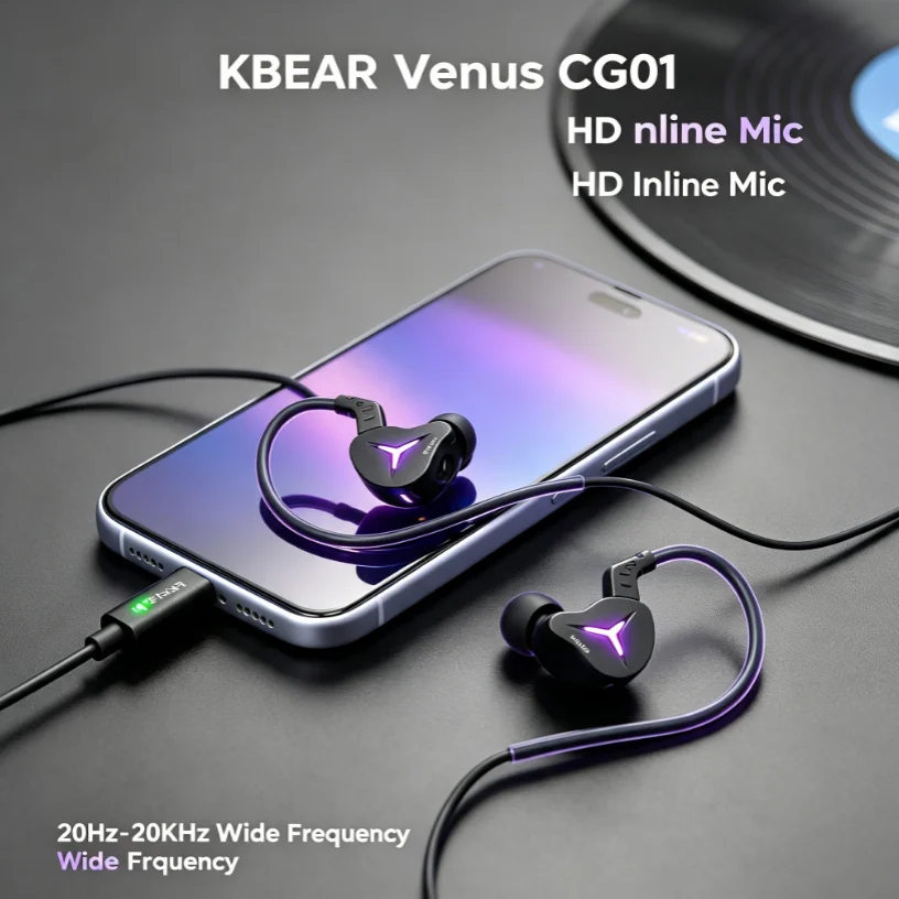 KBEAR Venus CG01 イヤホン 有線インイヤーヘッドホン LEDライト付き 10mm PU LCP複合ダイナミックドライバー HIFIサウンド タイプC ゲーミングヘッドセット ノイズアイソレーション イヤホン マイク付き PC モバイル 音楽 ゲーム 日常使用用