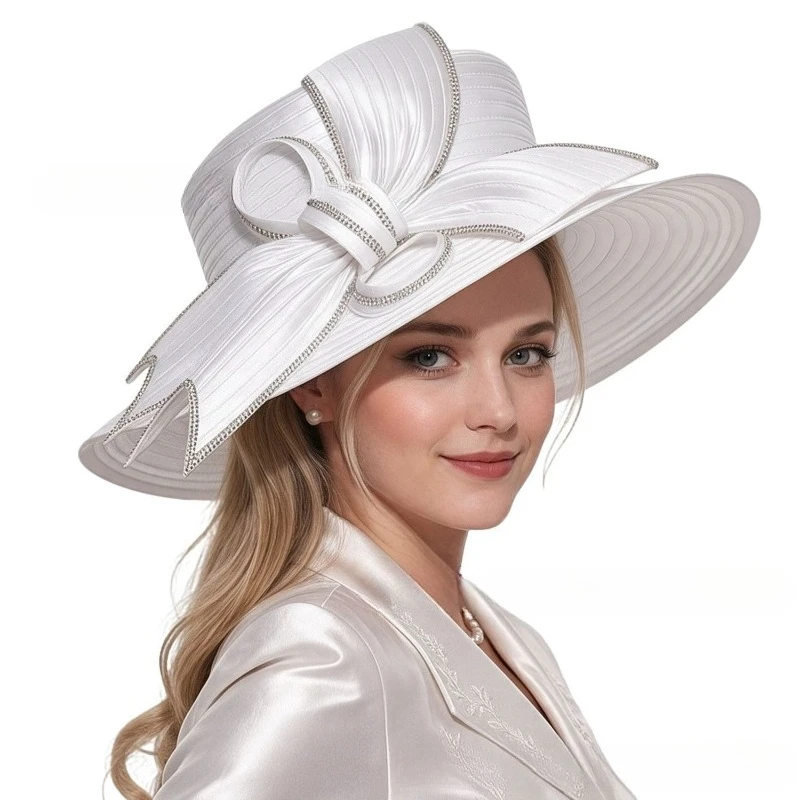 2026 New Women's Elegant Luxury Satin Cloth Church Hats Deluxe Unique Photography Wedding Hat Fascinator Top Hat Female