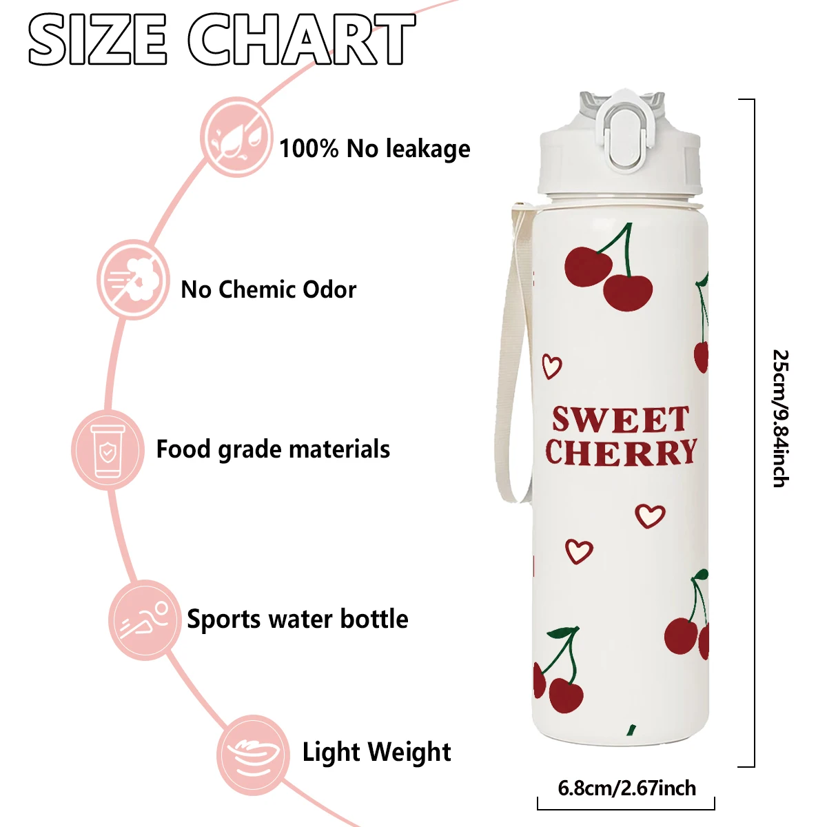 750ML Niedlicher Trinkbecher mit Erdbeer-, Kirsch- und Blumenmuster sowie Schleifendesign, mit Reinweißem Boden, Hochwertiger Strohhalmbecher für Sport – Detail 6