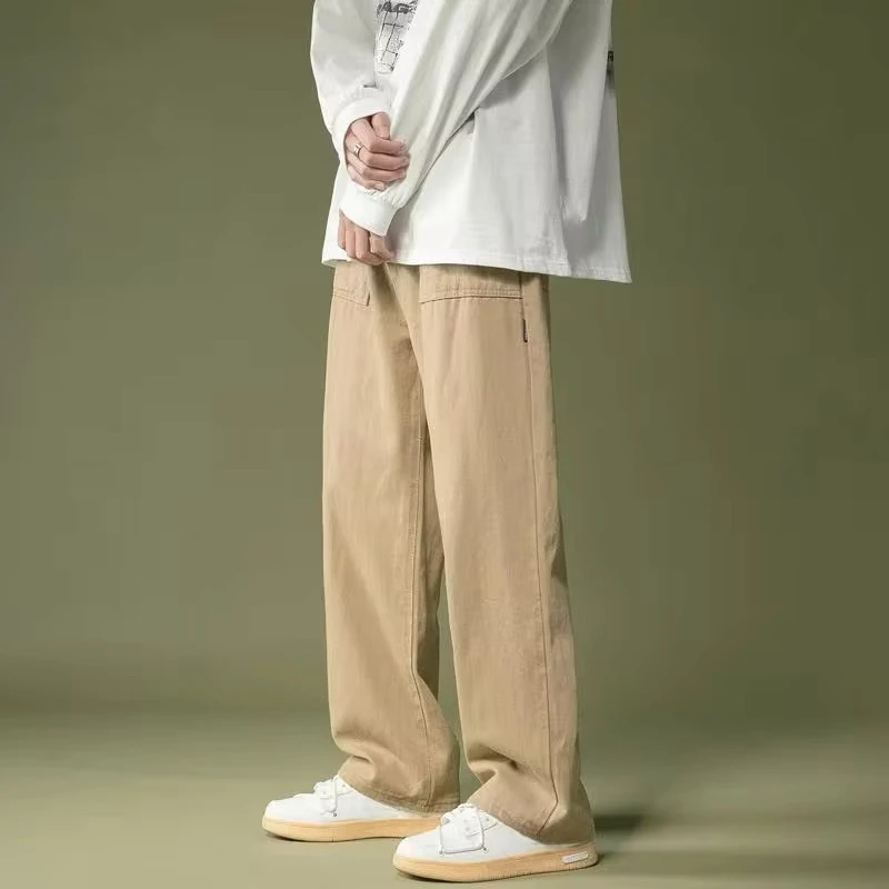 Korean Cargo Pants Men Spring Autumn Fashion High Waist Solid Long Pants Casual Streetwear Male Straight Trousers Mens Pants