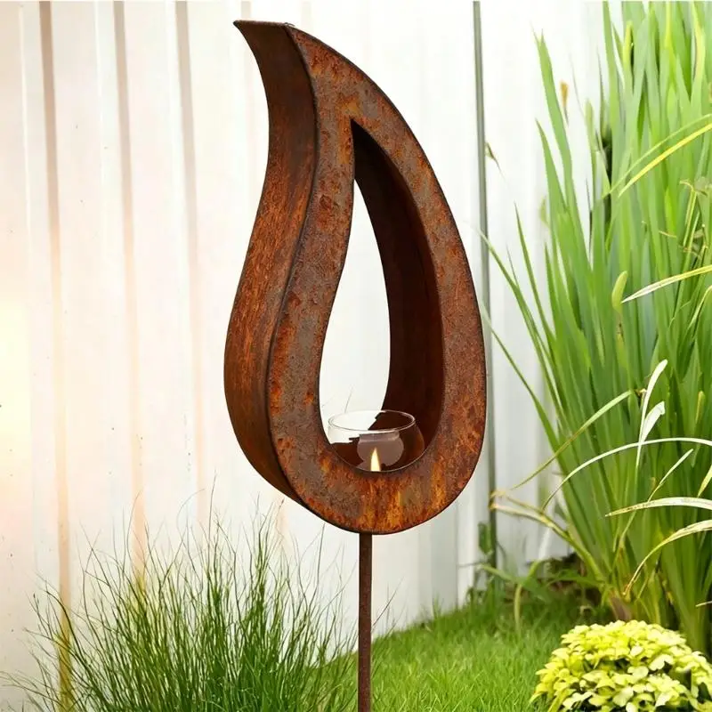 Artistic Rusty Metal Stake Rusty Flame For Outdoor Lighting Garden Courtyard Terrace Styling JOMD