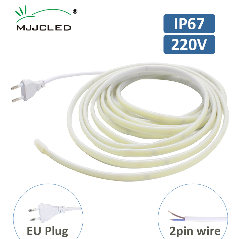  AC220V COB LED Strip Light IP67 Waterproof Flexible Ribbon 2Pin Wire/EU Plug Tape Lamp 3000K/4000K/6000K Outdoor Linear Lighting 