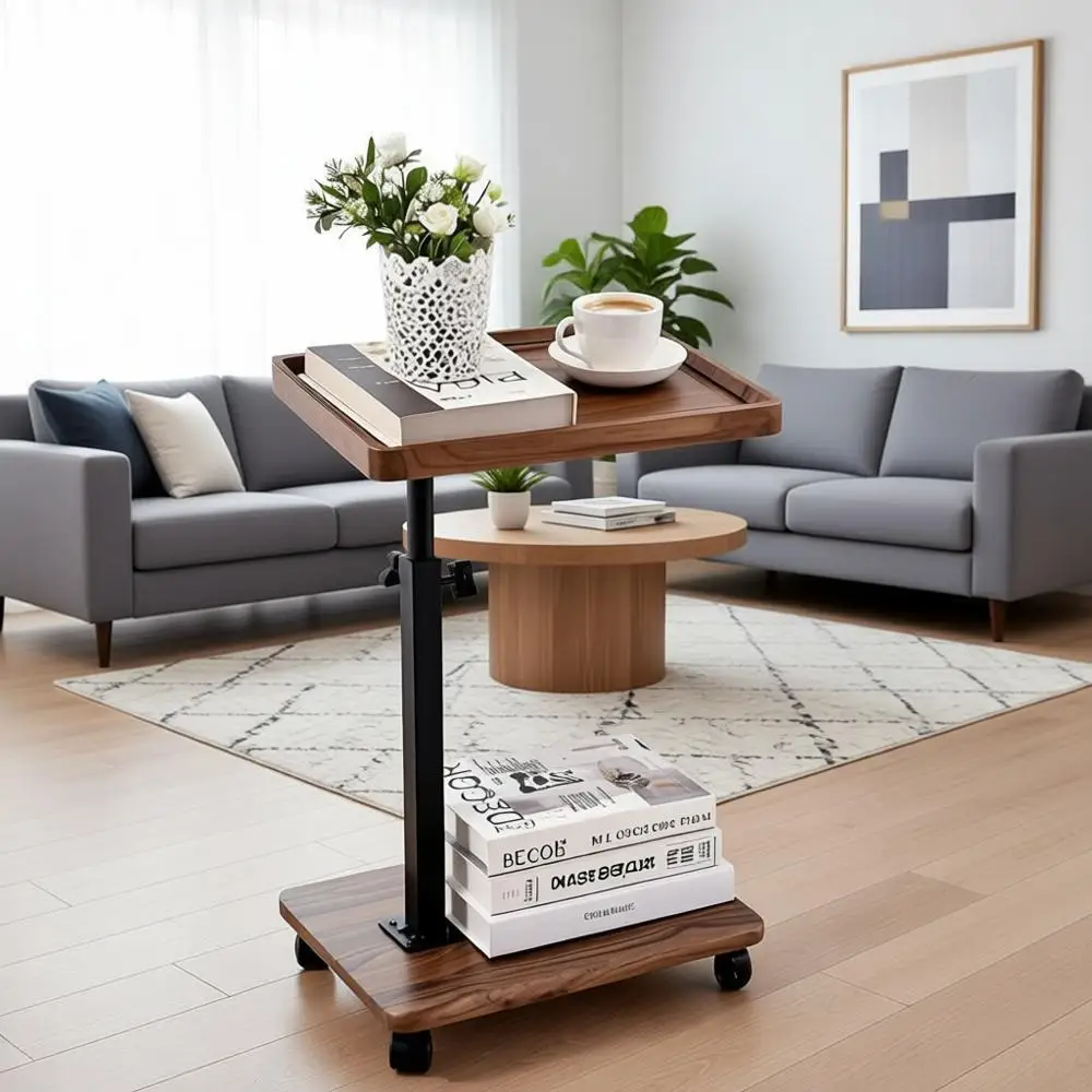 

Adjustable Height C-Shaped End Table, 360° Swivel TV Tray, Coffee Side Table for Sofa, Couch, Bed, and Outdoor Use in Walnut Fin