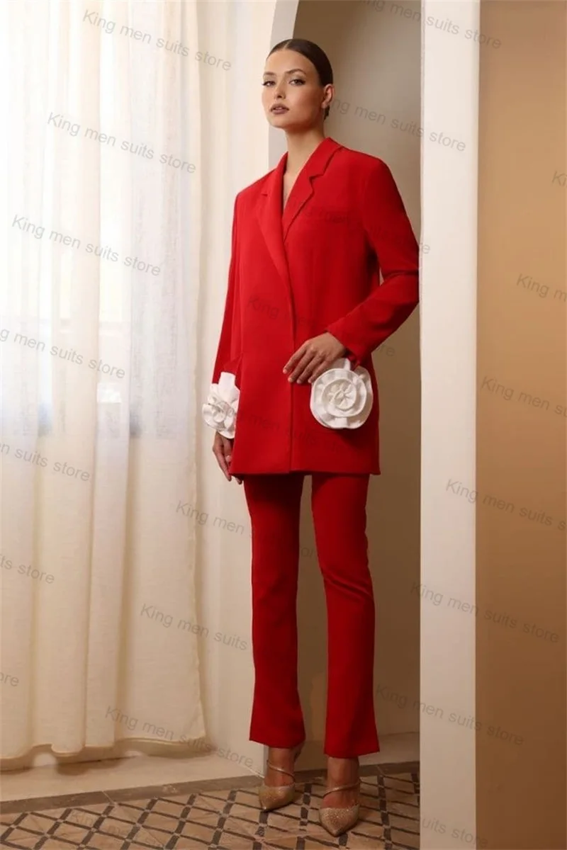 

Red Women Suits Pants Set Wedding 2 Piece Blazer+Trousers 3D Flower Appliqued Tuxedo Custom Size Office Lady Jacket Prom Dress