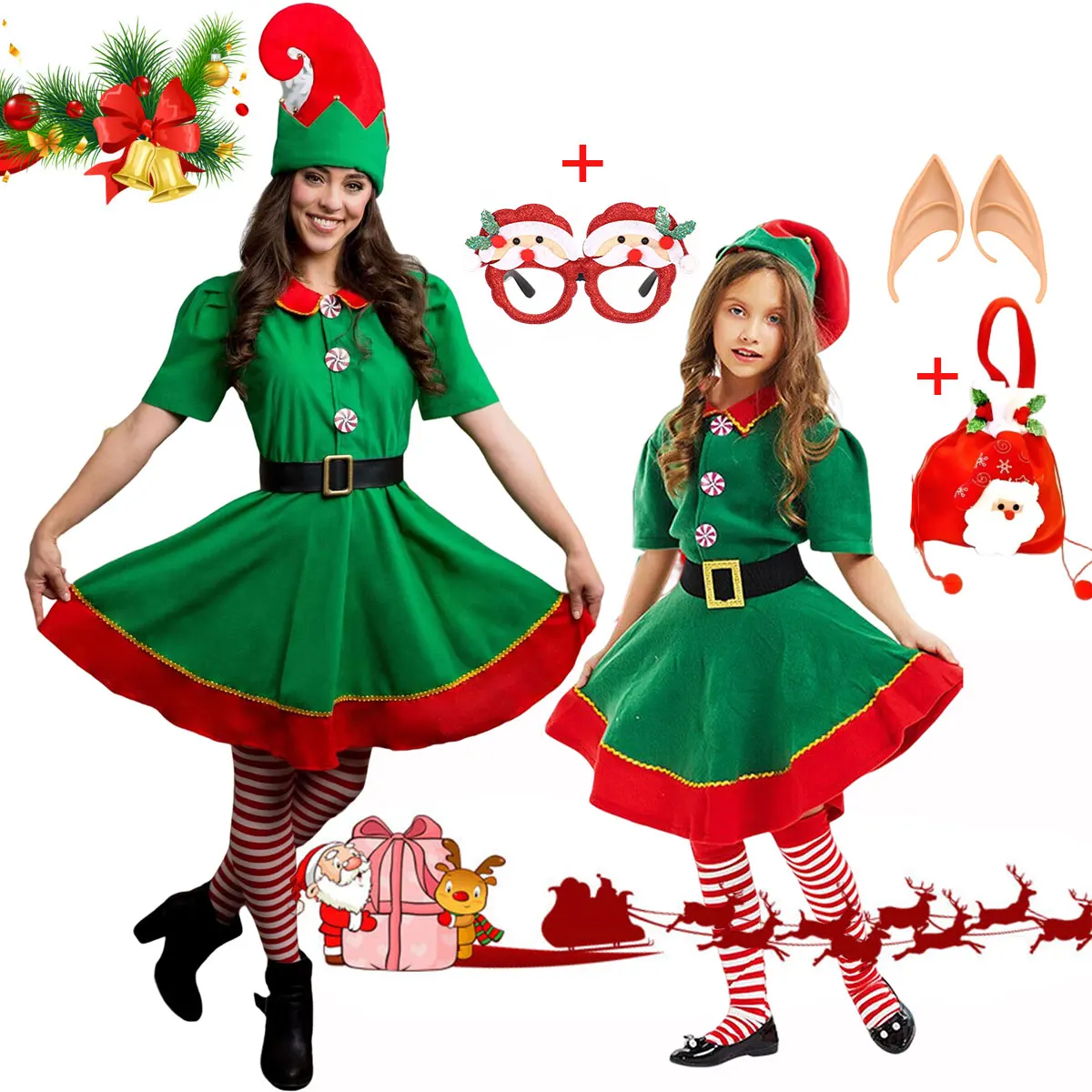 Christmas Family Matching Dress up Elf Cosplay Costume 2025 Xmas Party Pixie Fairy Uniform with Belt and Hat Santa Claus Apparel